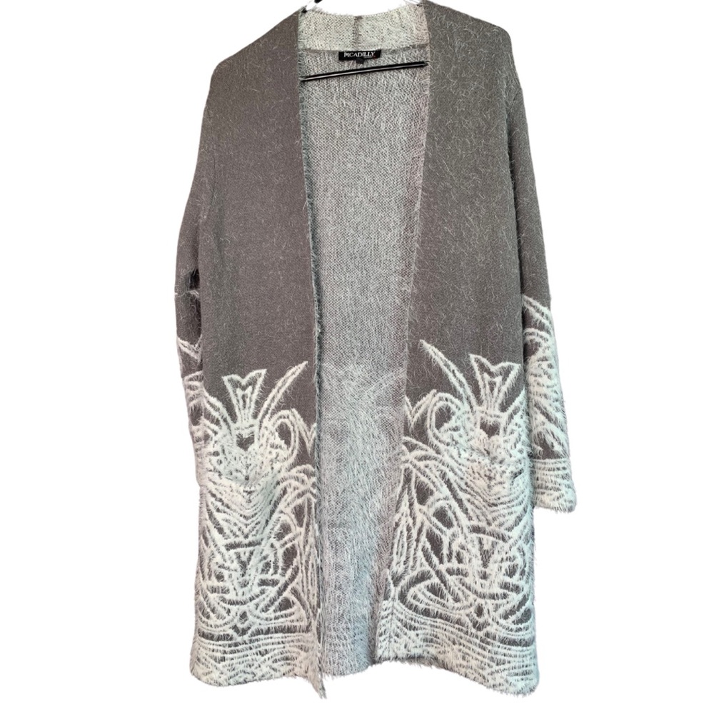 PICADILLY CANADA Cardigan Grey “Winter Dream” open front sweater Grey White XS
